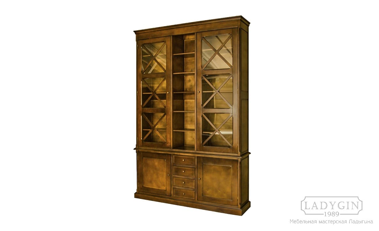 Высокий деревянный книжный шкаф в стиле прованс со стеклянными дверками на цоколе фото