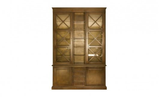 Высокий книжный шкаф из массива дерева в стиле прованс со стеклянными дверками на цоколе фото