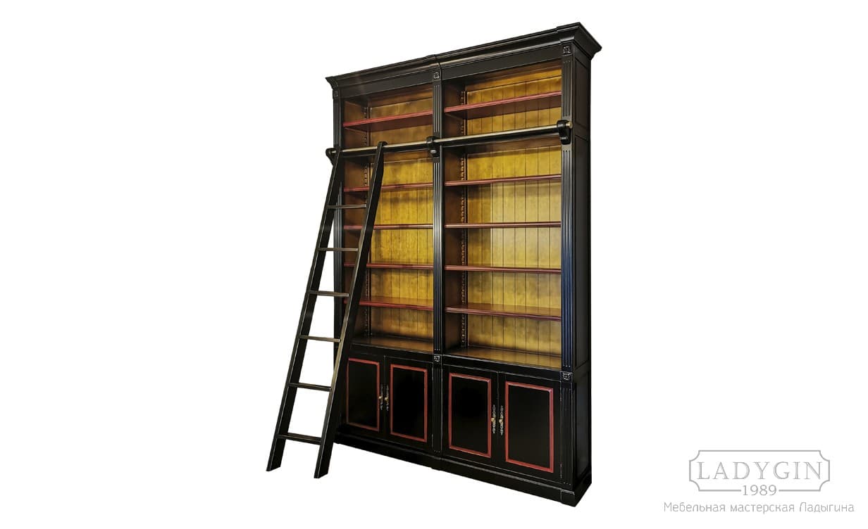 Чёрная модульная библиотека из массива дерева в классическом стиле с лестницей и закрытыми секциями фото