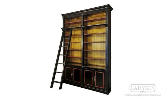 Чёрная модульная библиотека из массива дерева в классическом стиле с лестницей и закрытыми секциями фото