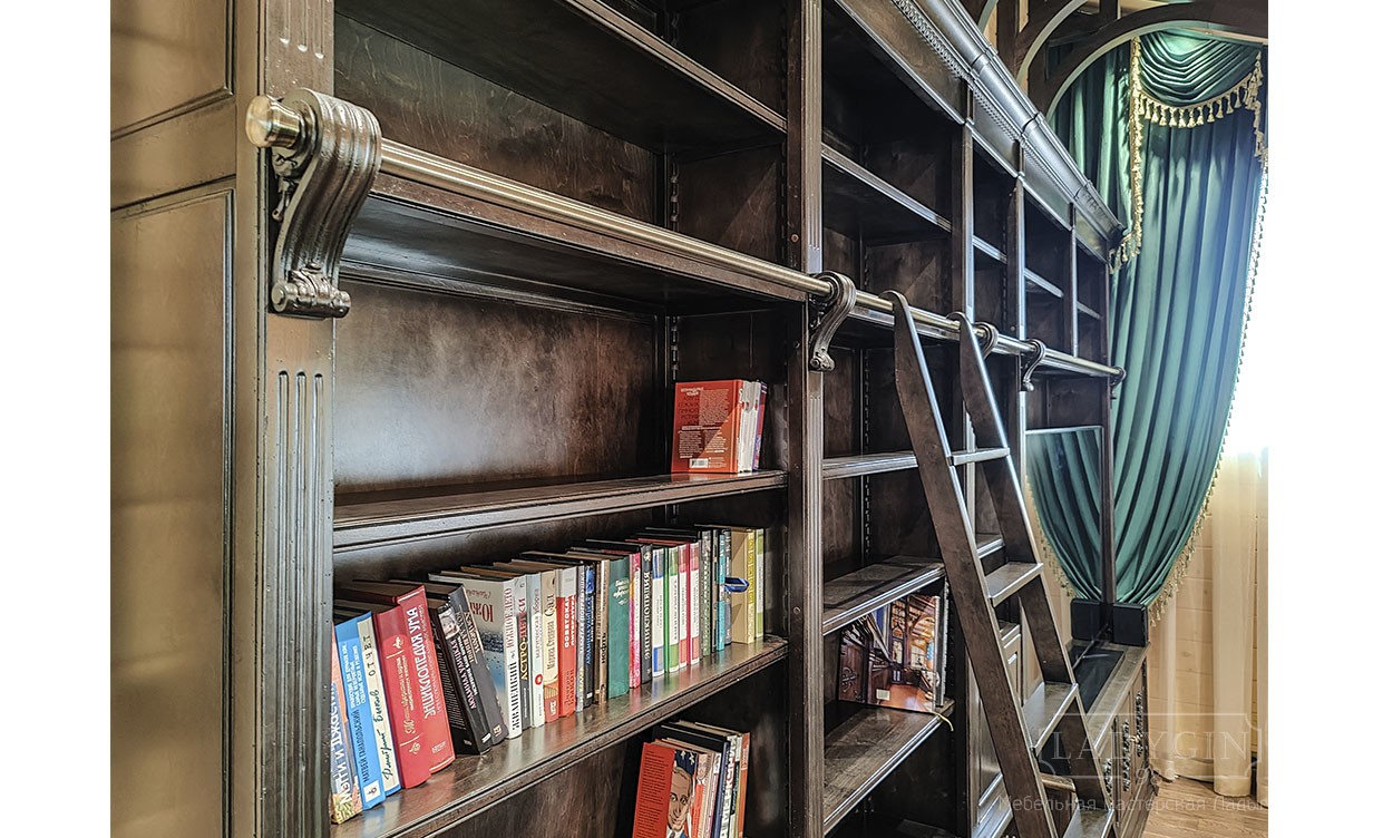 Латунная штанга на коричневой модульной открытой библиотеке с лестницей и нишей под телевизор фото