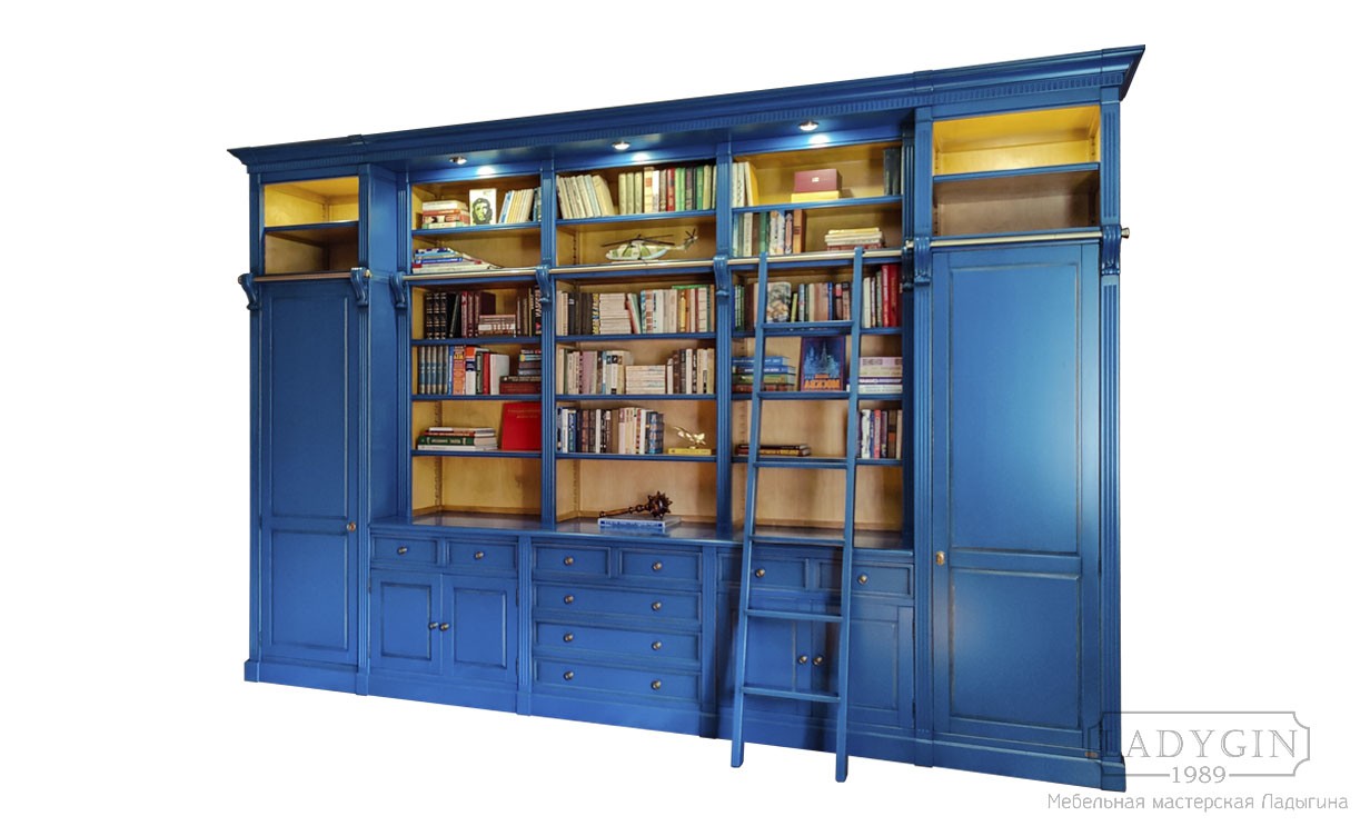 Синяя модульная библиотека с лестницей в классическом французском стиле фото