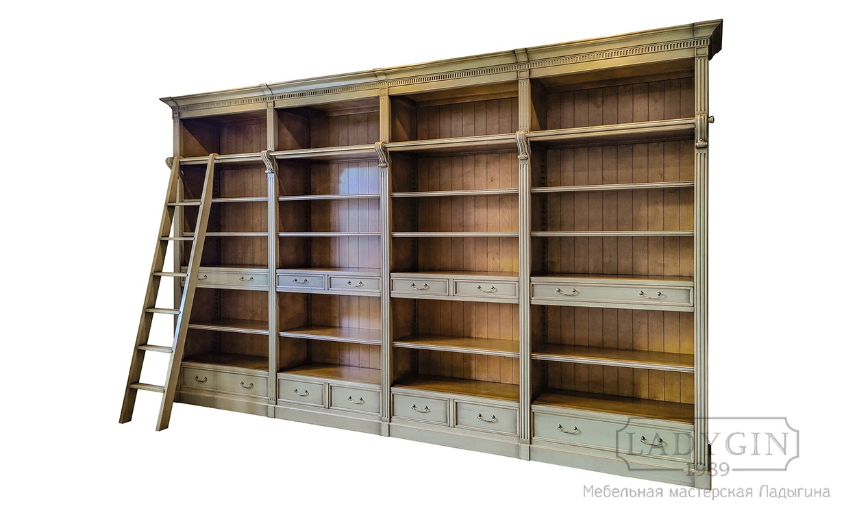 Модульная открытая библиотека из дерева в классическом стиле с лестницей и ящиками фото