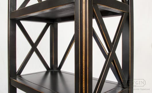 Перекрестья чёрной лёгкой винтажной 4-х ярусной этажерки из массива дерева во французском стиле фото