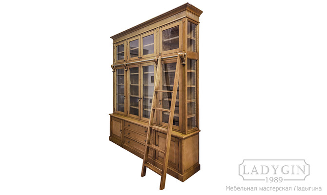 Модульная библиотека со стеклянными дверками и приставной лестницей на заказ